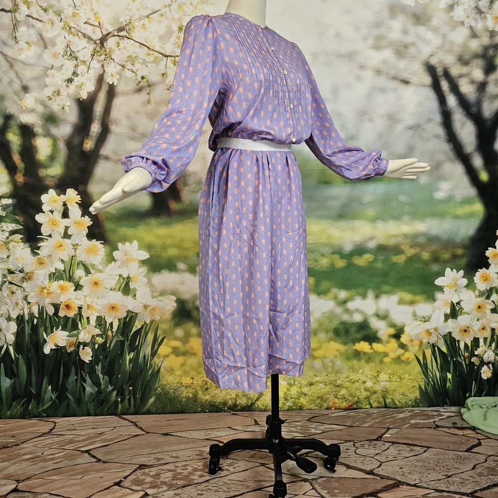 Vintage 1980's Dress Lilac Purple Print Long Sleeve Silky Retro Button Front‎ - Picture 6 of 12